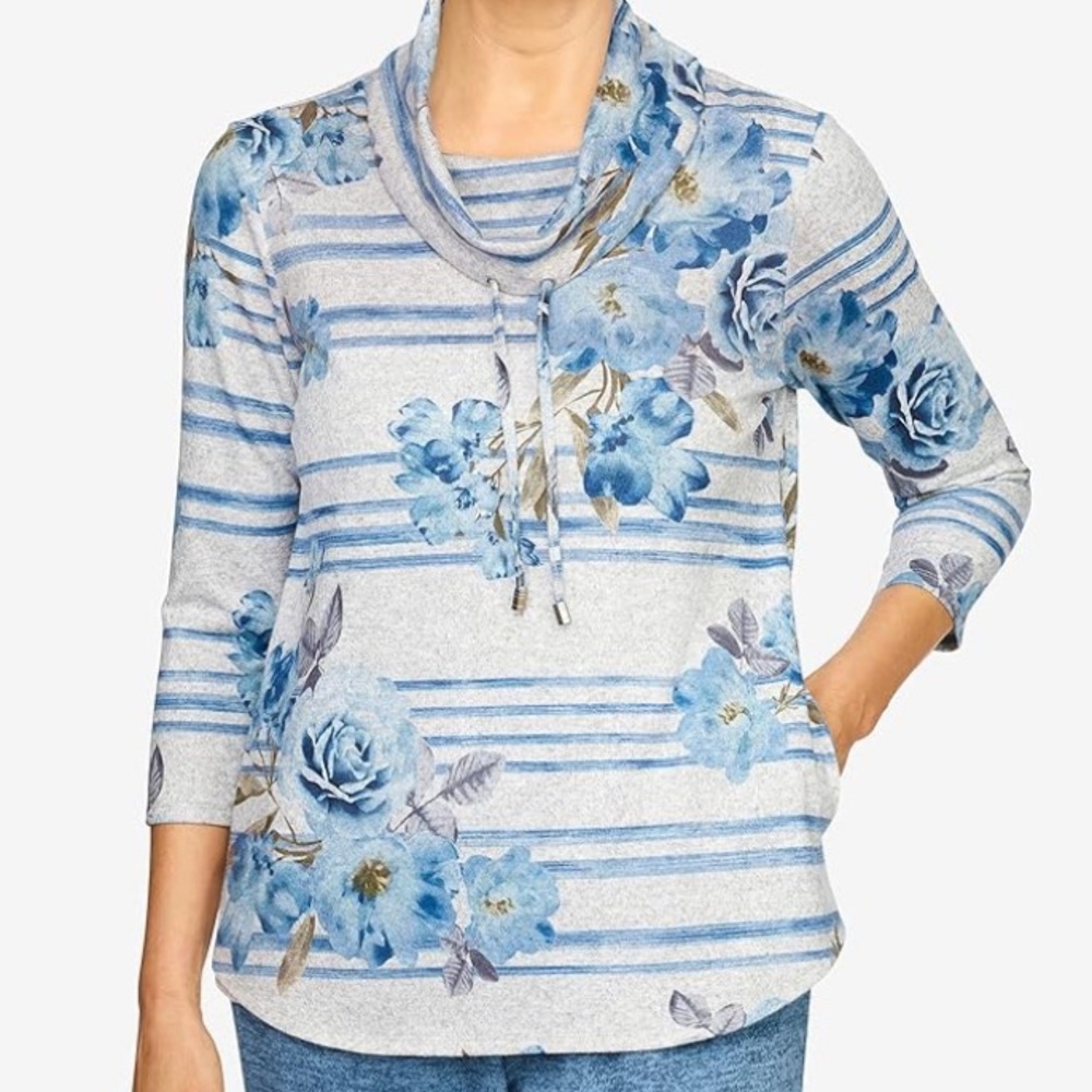 Alfred Dunner Cowl Neck Floral Striped Top NWT 3X